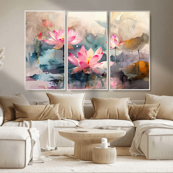 18414-MGV-CV-36X24-Pink Lotus Wall Art Canvas Print, Framed Water Lily Art Picture Print, Dreamy Floral Perfect Dreamy Botanical Decor Artwork