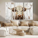 10840-MGV-FC-48X32-3P_White-Texas Longhorn Wall Art Canvas Print, Framed Rustic Bull Art Picture Print, Western Cattle Perfect Rustic Western Decor Artwork