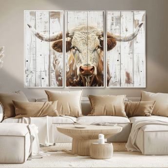 10840-MGV-FC-48X32-3P_White-Texas Longhorn Wall Art Canvas Print, Framed Rustic Bull Art Picture Print, Western Cattle Perfect Rustic Western Decor Artwork