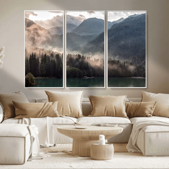 64758-MGV-FC-48X32-3P_White-Misty Mountains Wall Art Canvas Print, Framed Moody Pines Art Picture Print, Forest Lake Perfect Moody Alpine Decor Artwork