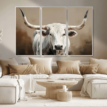 63550-MGV-CV-36X24-Texas Longhorn Wall Art Canvas Print, Framed White Bull Art Picture Print, Horned Cattle Perfect Rustic Western Decor Artwork