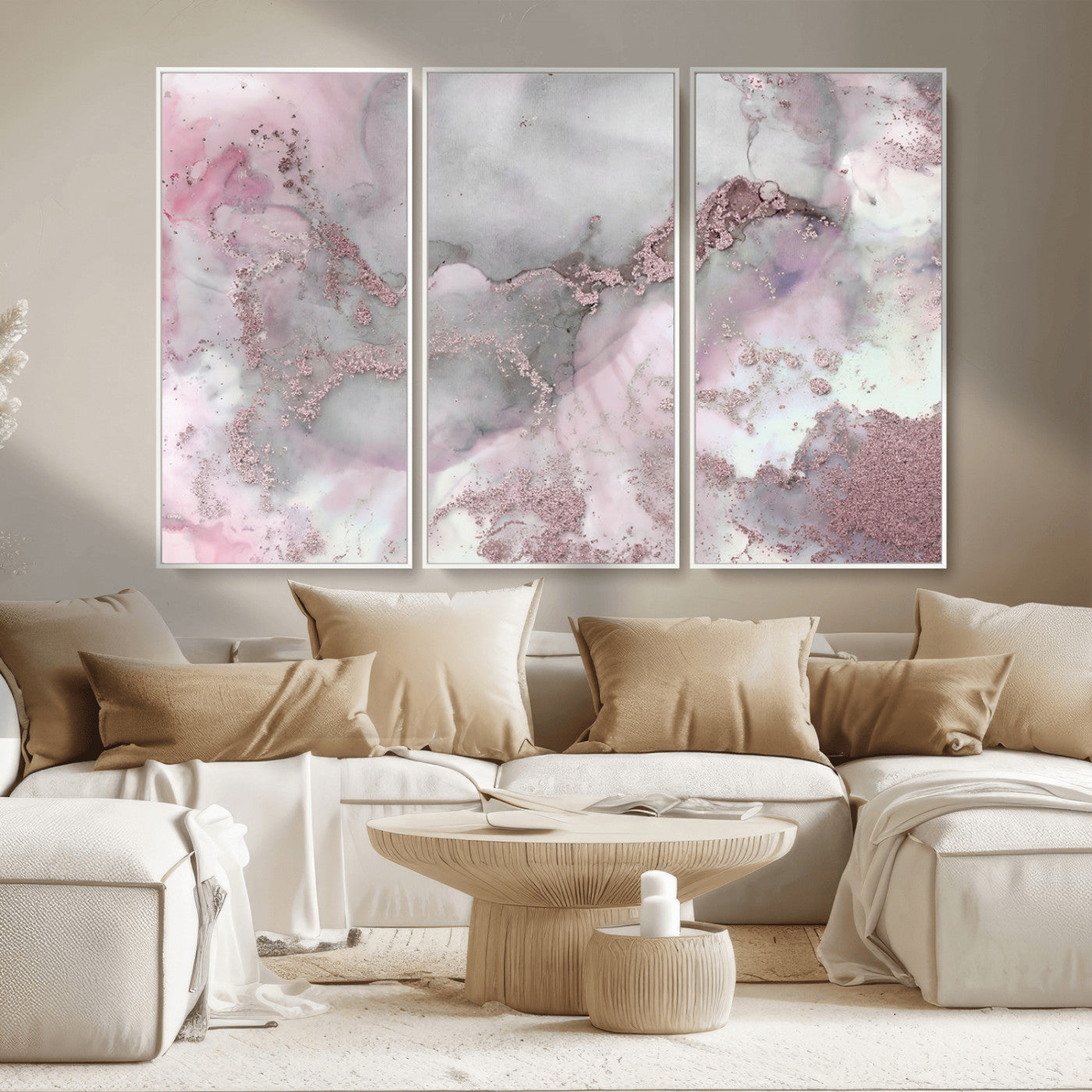 16416-MGV-CV-36X24-Blush Marble Wall Art Canvas Print, Framed Rose Gold Art Picture Print, Pink Cloudy Perfect Modern Glam Decor Artwork