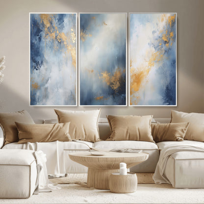 41836-MGV-CV-36X24-Abstract Gold Wall Art Canvas Print, Framed Blue Layers Art Picture Print, Elegant Cloud Perfect Elegant Minimalist Decor Artwork
