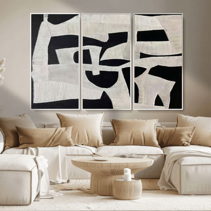 33714-MGV-CV-36X24-Monochrome Design Wall Art Canvas Print, Framed Modern Linework Art Picture Print, Textured Shapes Perfect Monochrome Modern Decor