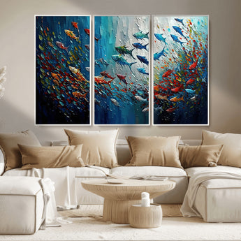 89626-MGV-CV-36X24-Fish Swarm Wall Art Canvas Print, Framed Abstract Ocean Art Picture Print, Underwater Life Perfect Vibrant Coastal Decor Artwork