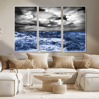 91043-MGV-FC-48X32-3P_White-Stormy Ocean Wall Art Canvas Print, Framed Moody Seascape Art Picture Print, Monochrome Sea Perfect Coastal Drama Decor Artwork