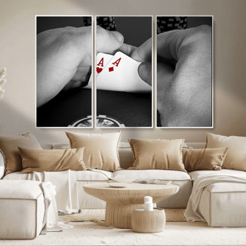 62460-MGV-CV-36X24-Poker Game Wall Art – Close Up of Hands Holding Aces with Chips, Casino Style Decor for Game Room, Man Cave or Office