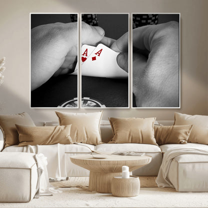 62460-MGV-CV-36X24-Poker Game Wall Art – Close Up of Hands Holding Aces with Chips, Casino Style Decor for Game Room, Man Cave or Office