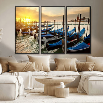 25872-MGV-FC-48X32-3P_Black-Venetian Gondola Dock Wall Art – Serene Sunset Canal Canvas Print, Tranquil Water Travel Decor for Office, Living Room, or Man