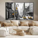 32362-MGV-CV-36X24-NYC Street Wall Art – Black and White Cityscape with Yellow Taxis and Umbrella Canvas Print, Urban Home Decor for Living Room or