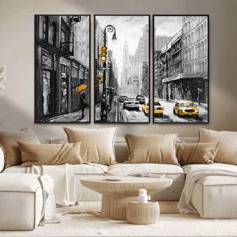 32362-MGV-CV-36X24-NYC Street Wall Art – Black and White Cityscape with Yellow Taxis and Umbrella Canvas Print, Urban Home Decor for Living Room or