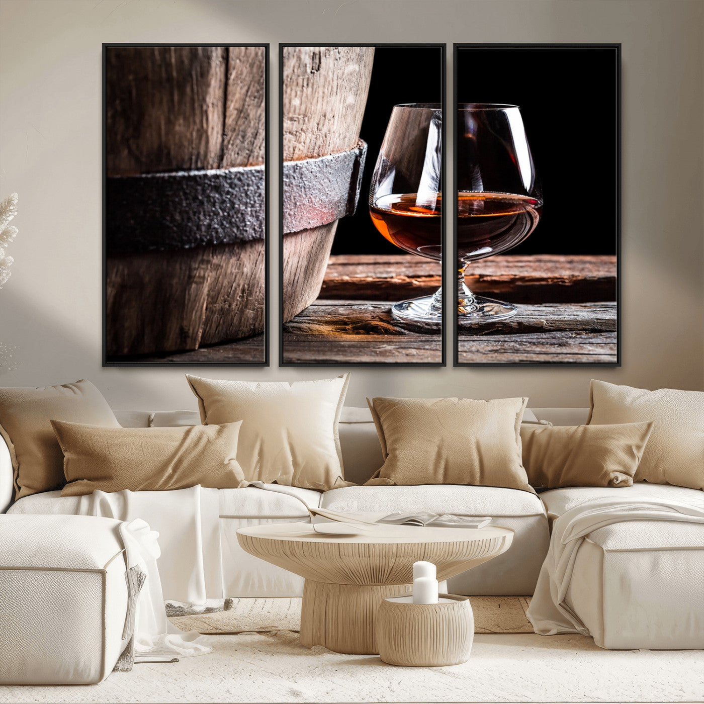 50839-MGV-FC-48X32-3P_Black-Barrel & Brandy Wall Art – Rustic Whiskey Barrel and Brandy Glass Canvas Print, Elegant Home Bar or Lounge Decor for Office, Man