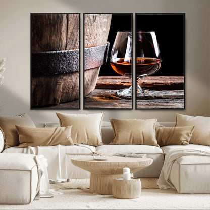 50839-MGV-FC-48X32-3P_Black-Barrel & Brandy Wall Art – Rustic Whiskey Barrel and Brandy Glass Canvas Print, Elegant Home Bar or Lounge Decor for Office, Man