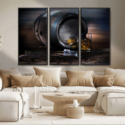 78049-MGV-FC-48X32-3P_Black-Whiskey Barrel Wall Art – Rustic Whiskey Barrel and Glass with Ice Canvas Print, Classic Bar or Lounge Decor for Home, Office, or