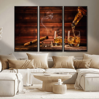 91042-MGV-CV-36X24-Whiskey & Cigar Wall Art – Elegant Whiskey Pour and Smoldering Cigar Canvas Print, Sophisticated Bar or Lounge Decor for Home,