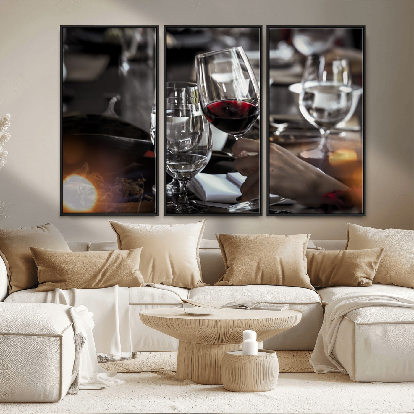 75513-MGV-FC-48X32-3P_Black-Elegant Wine Toast Wall Art – Close-Up Red Wine Glass at Dinner Table Canvas Print, Sophisticated Dining Room or Bar Decor