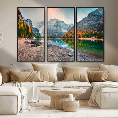 25982-MGV-FC-48X32-3P_Black-Autumn Mountain Lake Wall Art – Panoramic Fall Foliage and Snowy Peaks Canvas Print, Scenic Nature Decor for Living Room or Office