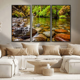 98096-MGV-FC-48X32-3P_Black-Serene River Waterfall Nature Photo – Calm Clear Water, Vibrant Green Forest and Smooth Stones Landscape Wall Art for Home or