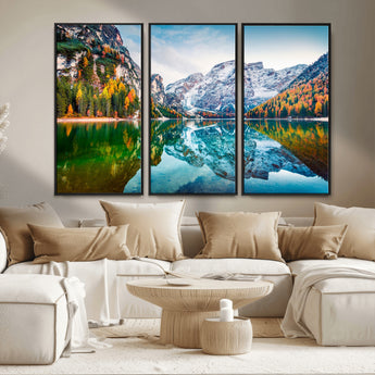 10402-MGV-FC-48X32-3P_Black-Snowy Mountain Lake Wall Art – Autumn Landscape Canvas Print with Reflection, Nature Decor for Living Room, Office, Bedroom or