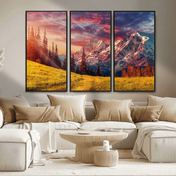 83947-MGV-CV-36X24-Sunset Mountain Landscape Wall Art – Panoramic Alpine Meadow and Snow Capped Peaks Canvas Print, Nature Scenic Decor for Home,