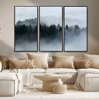 42596-MGV-FC-48X32-3P_Black-Misty Forest Wall Art – Atmospheric Pine Trees Canvas Print, Nature Landscape Decor for Living Room, Bedroom, Office, or Cabin