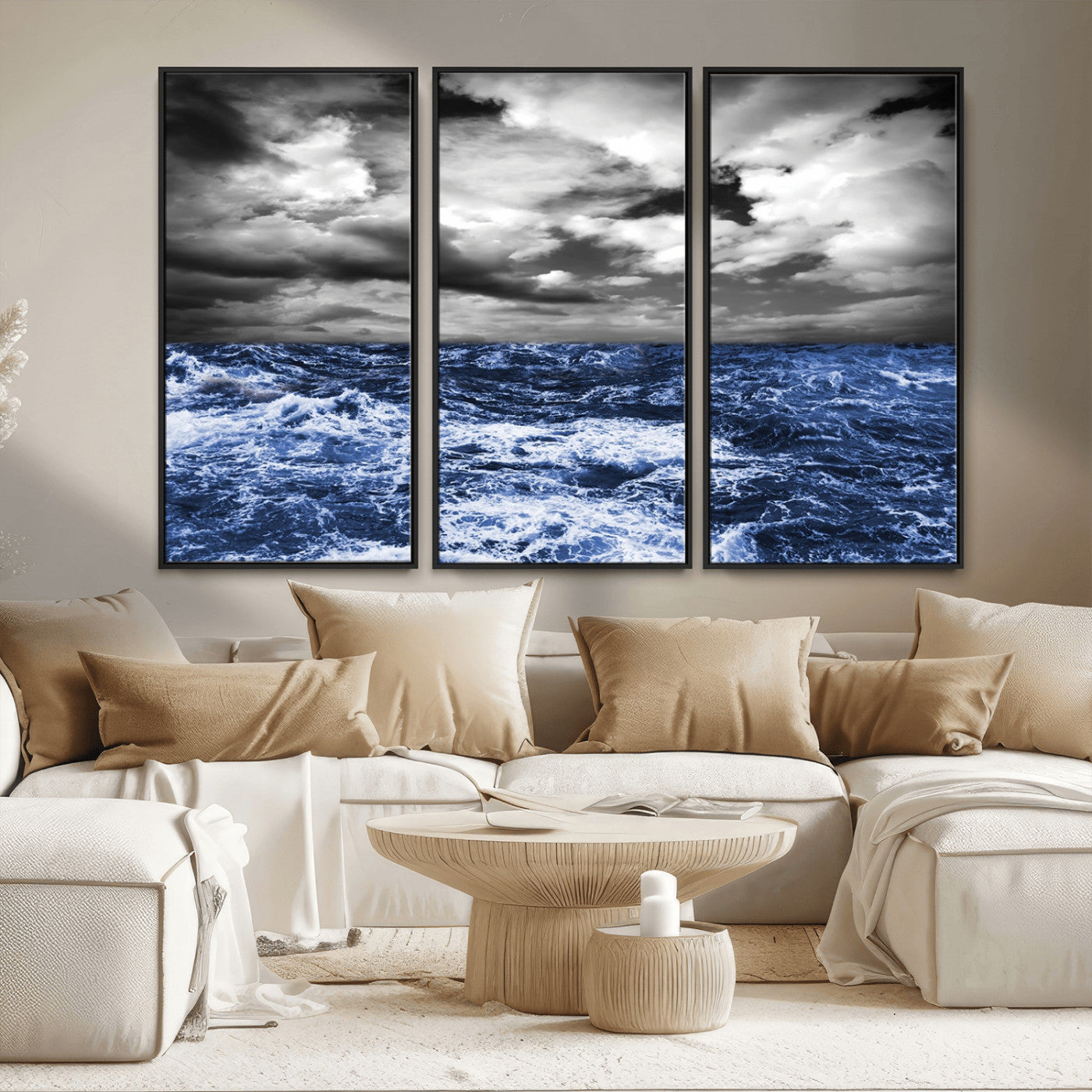 36012-MGV-CV-36X24-Dramatic Stormy Ocean Waves Black and White with Deep Blue Highlights – Moody Seascape Wall Art, Nature Photography Print for Home