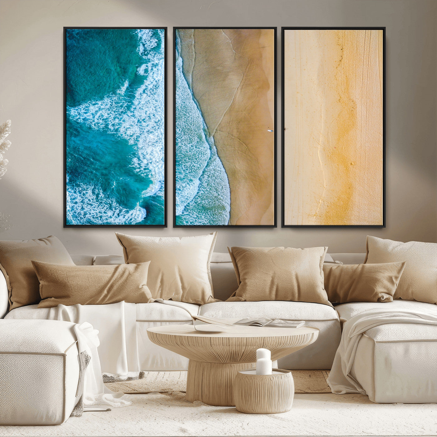 46640-MGV-FC-48X32-3P_Black-Aerial Beach Wall Art – Turquoise Waves and Golden Sand Canvas Print with Lone Surfer, Coastal Ocean Decor for Living Room,