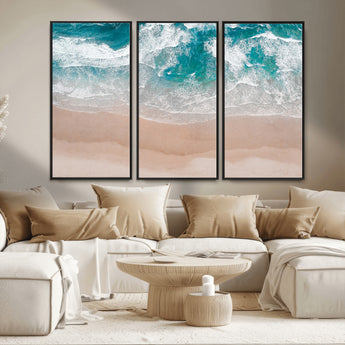 39236-MGV-FC-48X32-3P_Black-Ocean Beach Wall Art – Aerial View of Waves and Sand Canvas Print, Coastal Home Decor for Living Room, Bedroom, Office or Beach