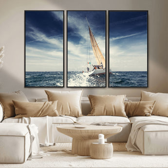 75430-MGV-FC-48X32-3P_Black-Sailing Boat Wall Art – Dynamic Ocean Yacht Canvas Print, Nautical Decor for Living Room, Office, Beach House or Cabin