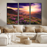 49741-MGV-FC-48X32-3P_Black-Mountain Sunrise Wall Art – Vibrant Floral Landscape Canvas Print, Nature Home Decor for Living Room, Bedroom Office or Cabin