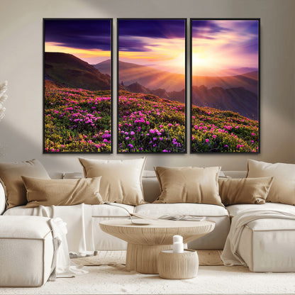 49741-MGV-FC-48X32-3P_Black-Mountain Sunrise Wall Art – Vibrant Floral Landscape Canvas Print, Nature Home Decor for Living Room, Bedroom Office or Cabin