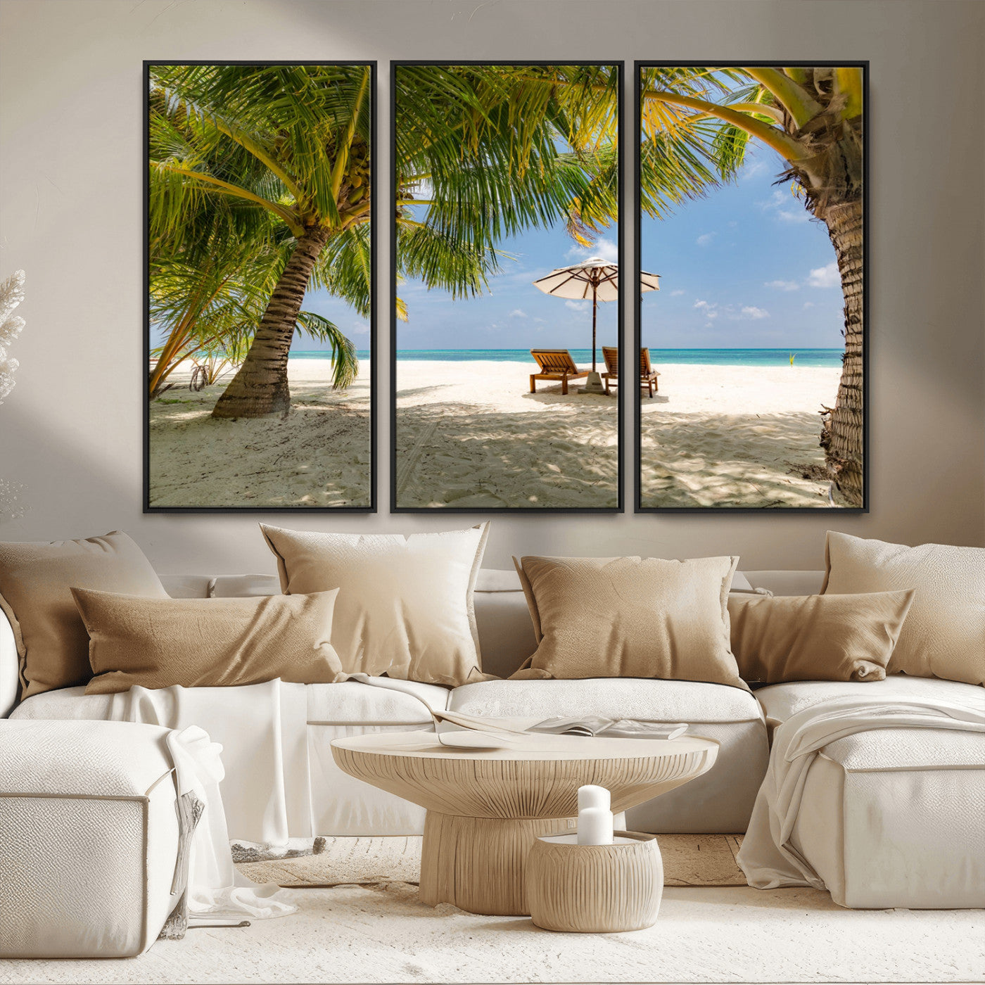 83601-MGV-FC-48X32-3P_Black-Tropical Beach Wall Art – Serene Palm Trees and Lounge Chairs Canvas Print, Relaxing Coastal Decor for Living Room, Bedroom or