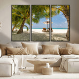 83601-MGV-FC-48X32-3P_Black-Tropical Beach Wall Art – Serene Palm Trees and Lounge Chairs Canvas Print, Relaxing Coastal Decor for Living Room, Bedroom or
