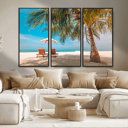 69754-MGV-FC-48X32-3P_Black-Tropical Beach Wall Art – Relaxing Palm Tree and Lounge Chairs Canvas Print, Serene Coastal Decor for Living Room, Bedroom, Office