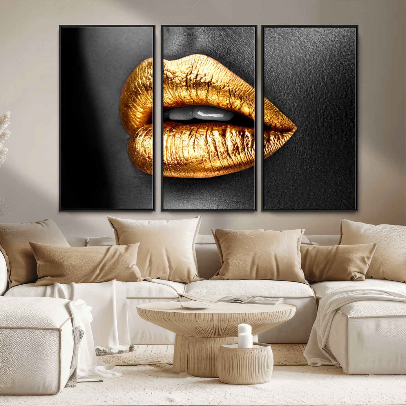 84747-MGV-CV-36X24-Golden Lips Black & White Portrait – Glamorous Metallic Lip Art Print, Modern Wall Decor for Bedroom, Beauty & Fashion Lover Gift