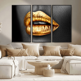 84747-MGV-CV-36X24-Golden Lips Black & White Portrait – Glamorous Metallic Lip Art Print, Modern Wall Decor for Bedroom, Beauty & Fashion Lover Gift