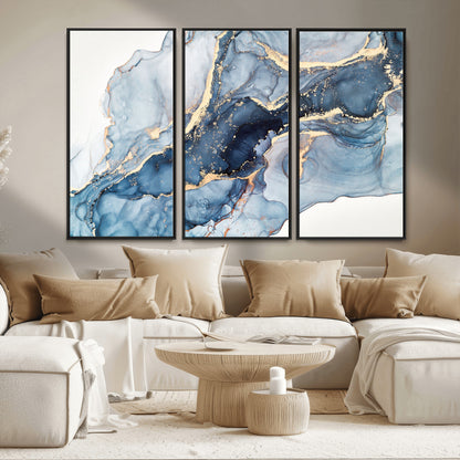 33782-MGV-FC-48X32-3P_Black-Abstract Marble Wall Art – Blue & Gold Fluid Painting Canvas Print, Modern Home Decor for Living Room, Bedroom or Office