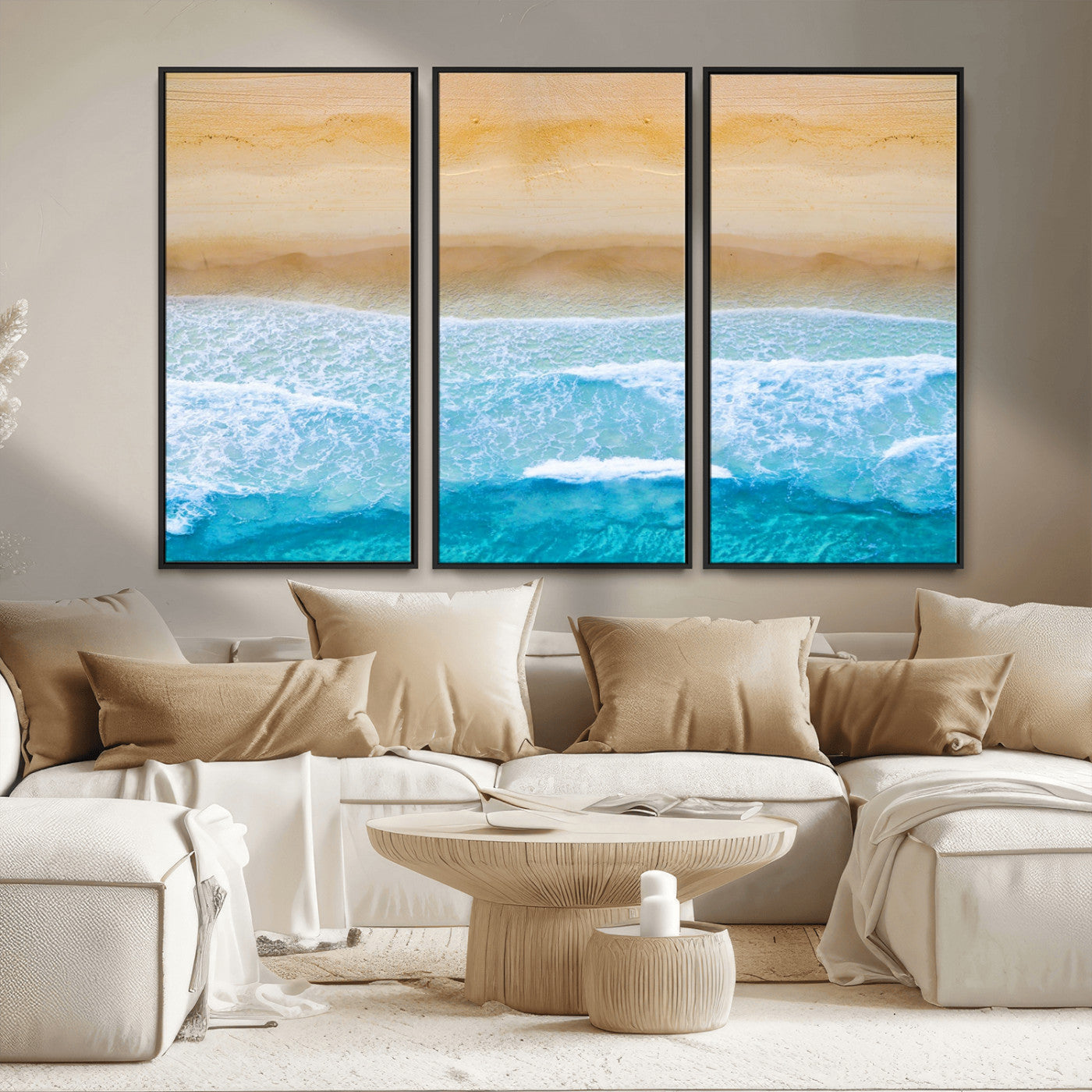 43046-MGV-FC-48X32-3P_Black-Aerial Beach Wall Art – Serene Ocean Waves & Sandy Shore Canvas Print, Coastal Home Decor for Living Room, Bedroom or Office