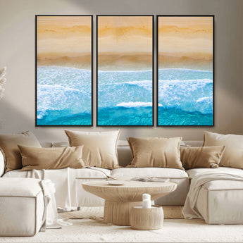 43046-MGV-FC-48X32-3P_Black-Aerial Beach Wall Art – Serene Ocean Waves & Sandy Shore Canvas Print, Coastal Home Decor for Living Room, Bedroom or Office