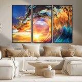 52890-MGV-CV-36X24-Surfing Wave Wall Art Canvas Print, Framed Sunset Ocean Art Picture Print, Ocean Wave Perfect Nautical Decor Artwork