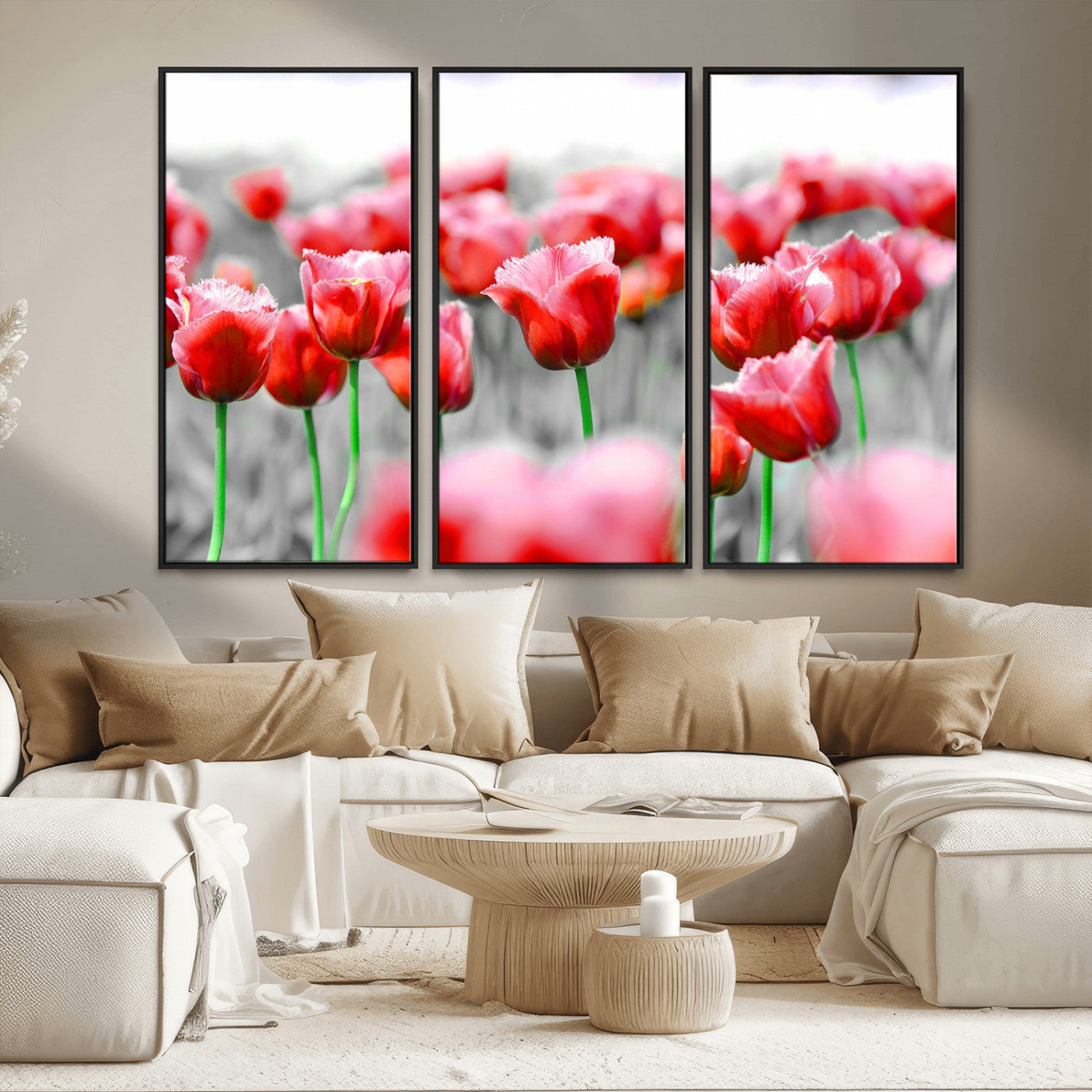 44554-MGV-FC-48X32-3P_Black-Vibrant red tulips stand out beautifully against a black-and-white background, making a striking decor piece perfect for any home