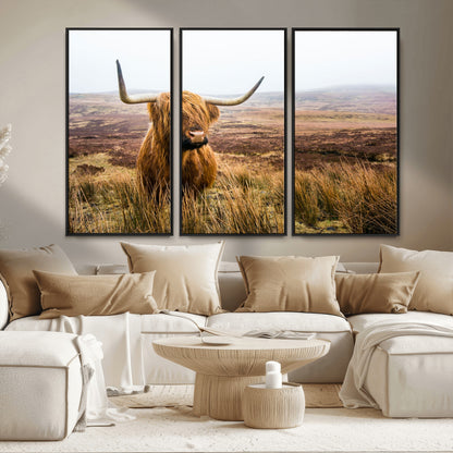 79391-MGV-FC-48X32-3P_Black-Majestic Highland Cow in Misty Scottish Moorland – Rustic Natural Charm, Perfect for Unique Home or Office Decor