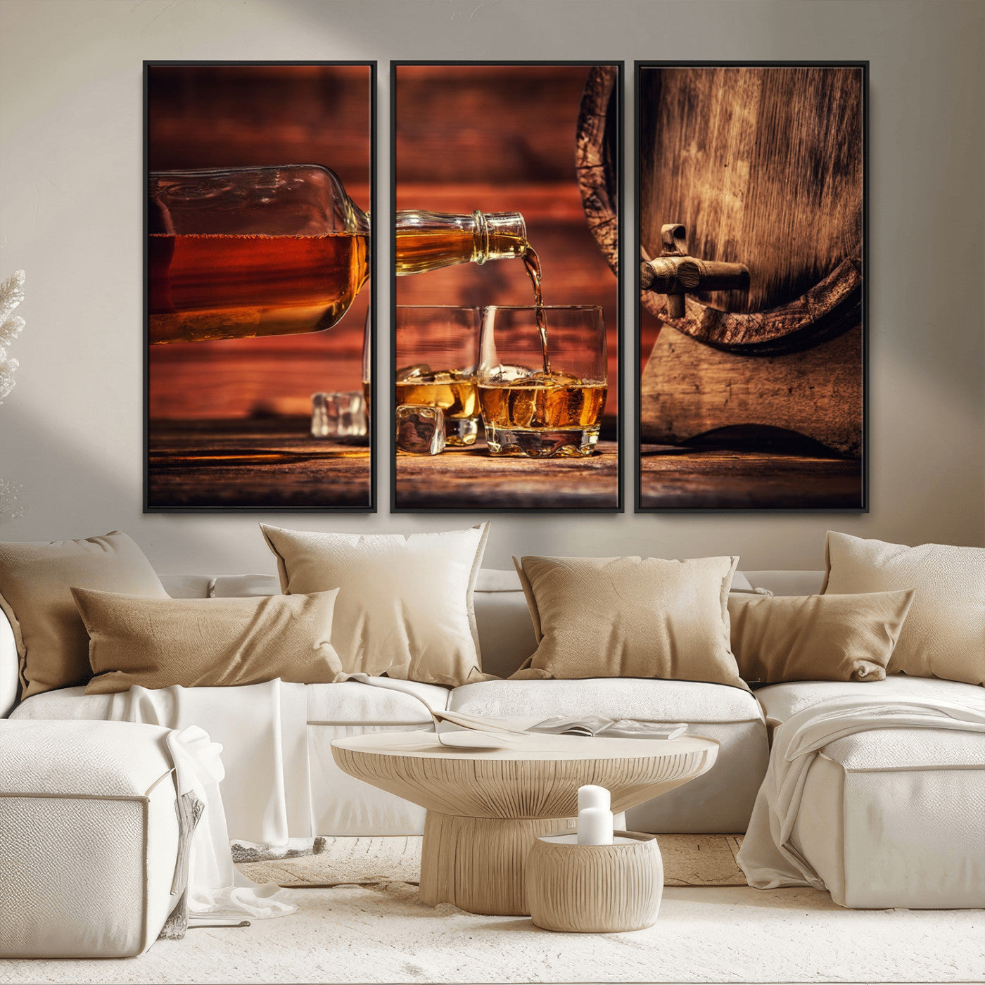 21266-MGV-CV-36X24-Pouring Whiskey into Glasses with Ice – Rustic Wooden Barrel Background, Warm Ambient Lighting, Ideal Decor for Home or Office