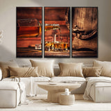 21266-MGV-CV-36X24-Pouring Whiskey into Glasses with Ice – Rustic Wooden Barrel Background, Warm Ambient Lighting, Ideal Decor for Home or Office