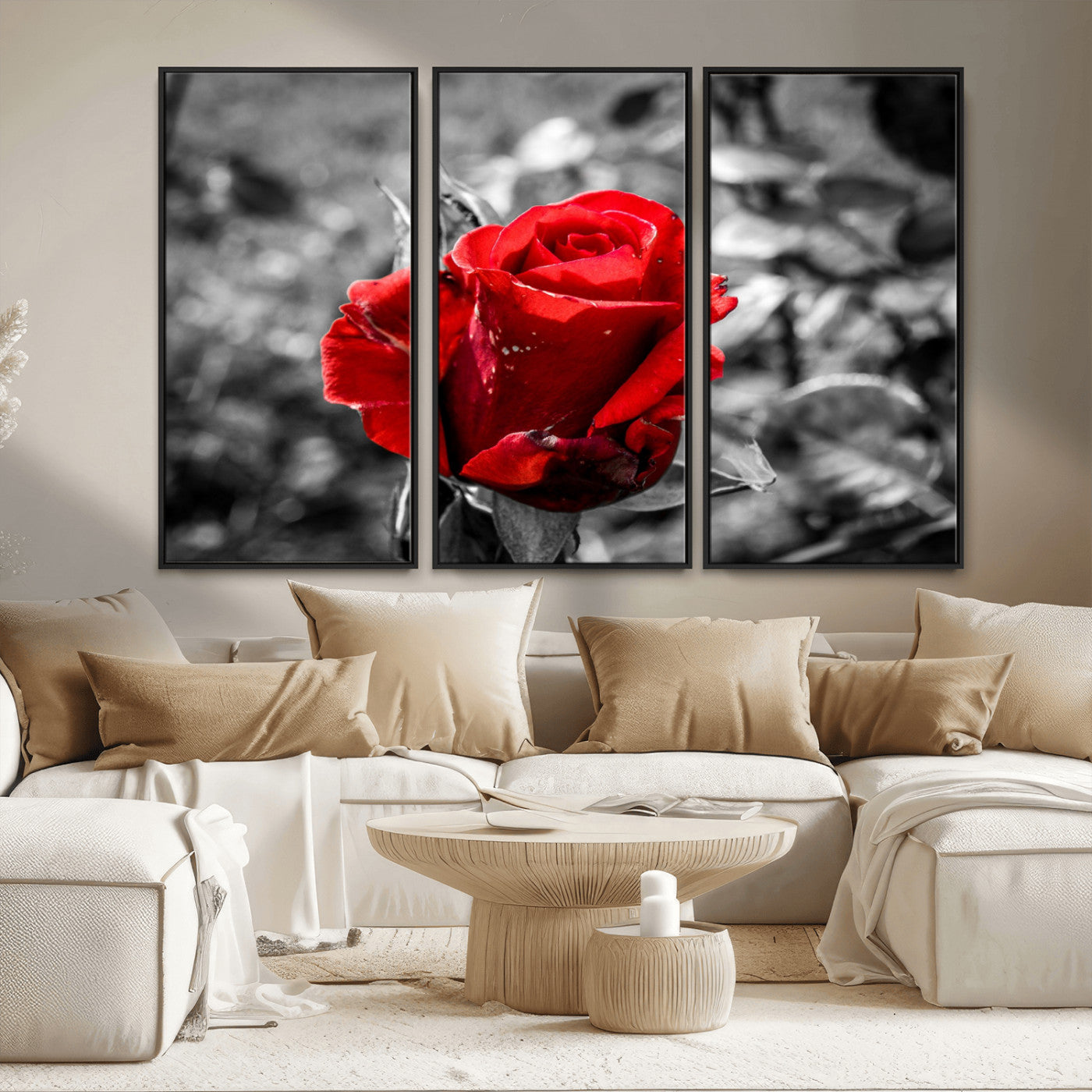 84671-MGV-FC-48X32-3P_Black-Red Rose Wall Art – Vibrant Single Bloom Canvas Print with Black and White Background, Elegant Floral Decor for Living Room,