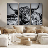 97372-MGV-CV-36X24-Elegant Highland Cow Wall Art – Black and White Canvas Print, Rustic Nature Decor for Home, Office, Living Room or Man Cave