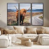 56121-MGV-FC-48X32-3P_Black-Rustic Highland Cow Wall Art – Panoramic Nature Canvas Print, Perfect Decor for Home, Office, Living Room or Man Cave