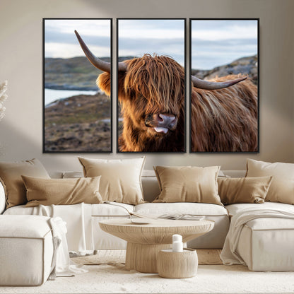71222-MGV-CV-36X24-A playful Highland cow with shaggy fur sticks out its tongue, set against a rugged landscape — perfect for quirky home or office