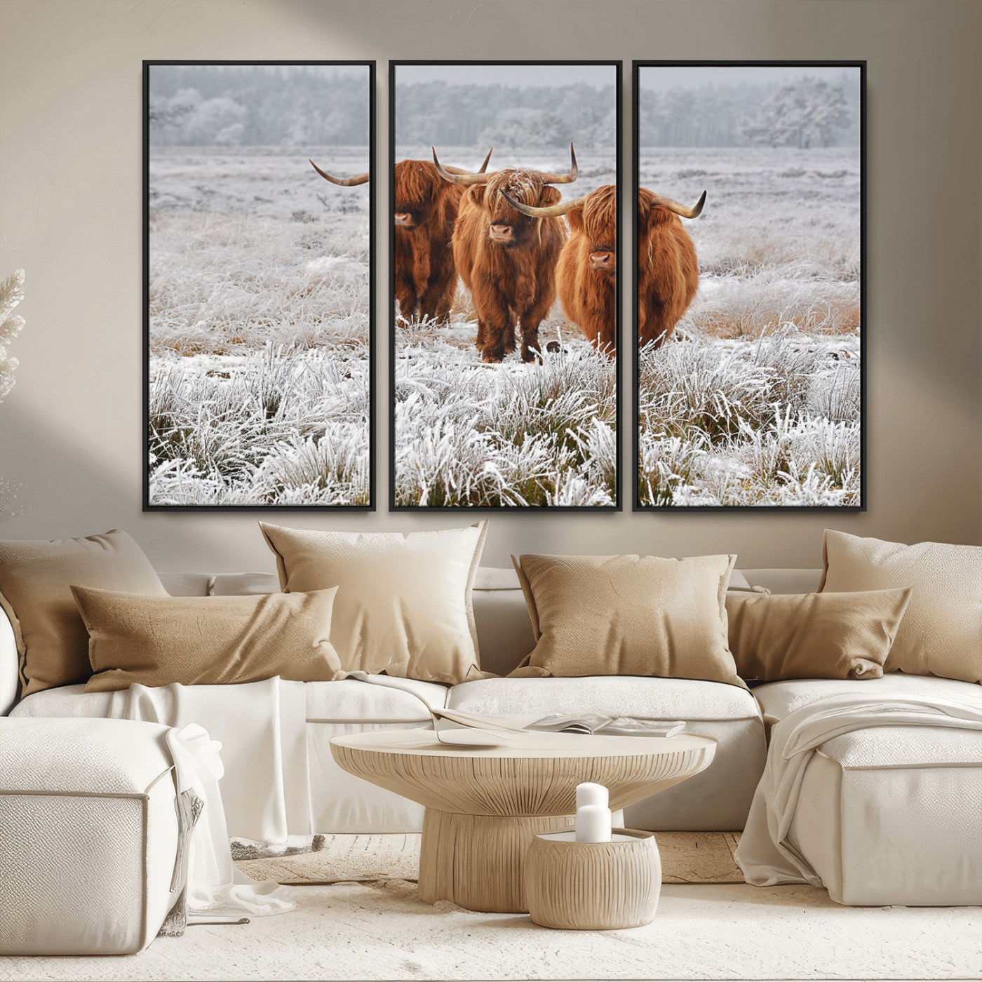 10396-MGV-FC-48X32-3P_Black-Highland Cattle Wall Art – Rustic Winter Landscape Canvas Print, Farmhouse Decor for Living Room, Office, Cabin or Country Home