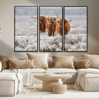 10396-MGV-FC-48X32-3P_Black-Highland Cattle Wall Art – Rustic Winter Landscape Canvas Print, Farmhouse Decor for Living Room, Office, Cabin or Country Home